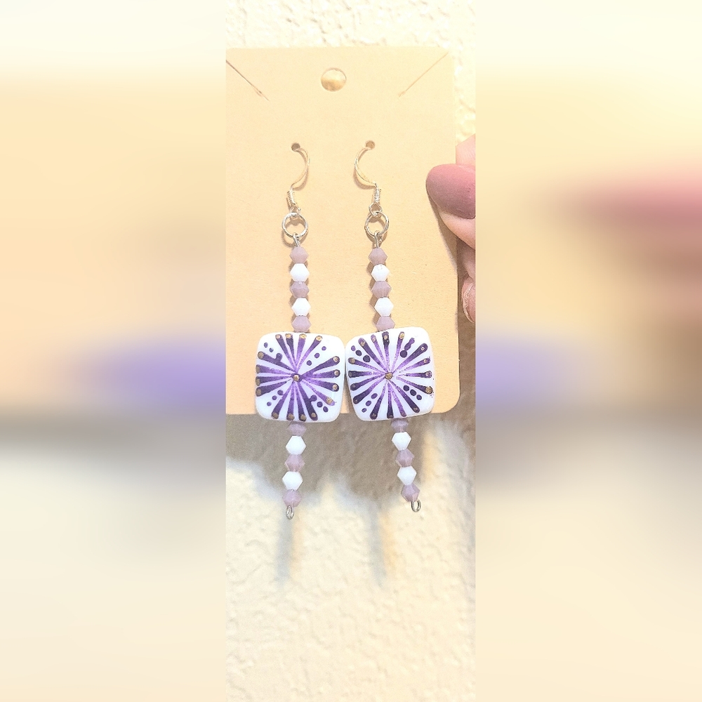 Lampwork hand painted purple and dangle earrings